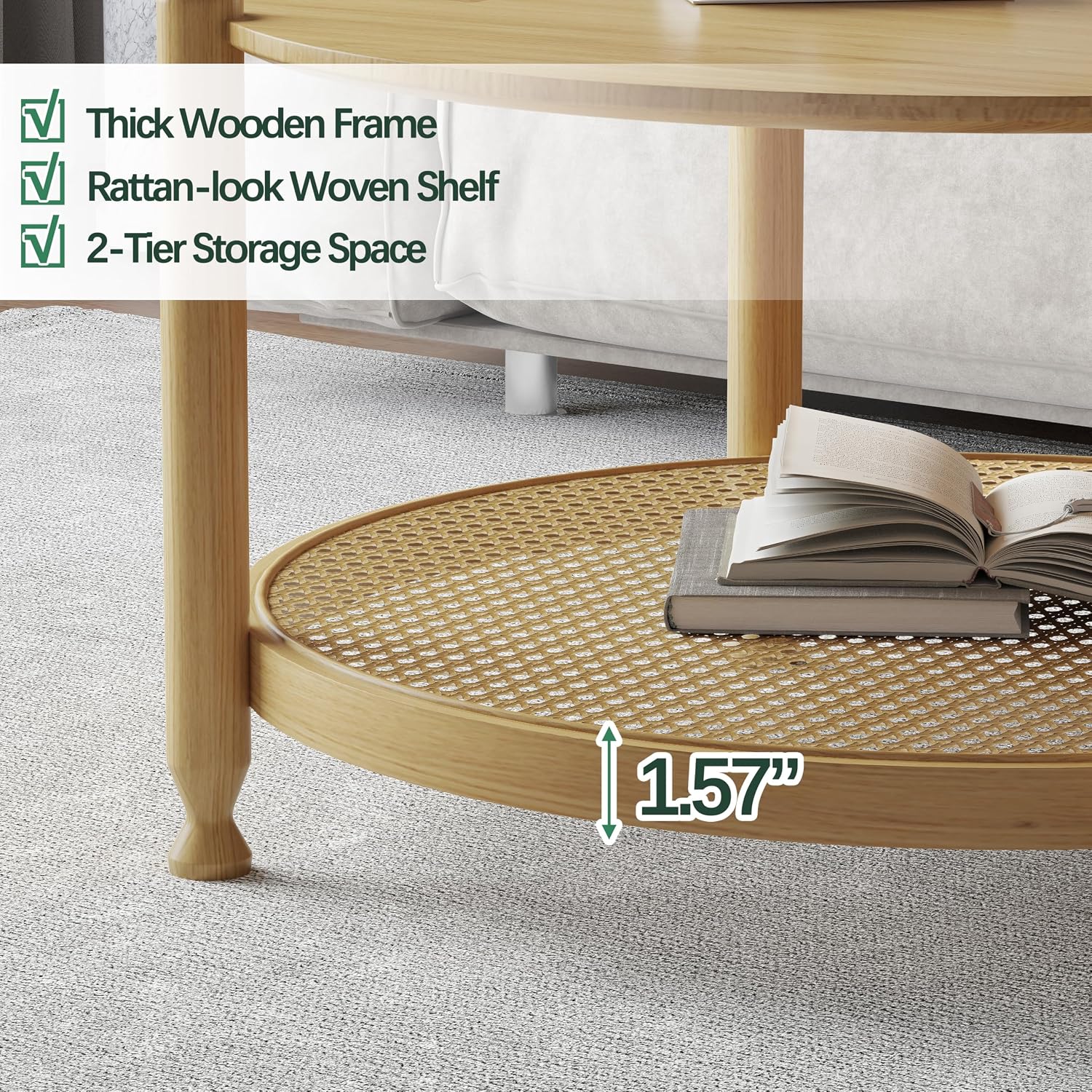 Solid Wood Round Side Table, Farmhouse Nightstand for Living Room, 2-Tier Bedside Table with Storage, Living Room End Table with Woven Rattan Storage Shelf, Natural