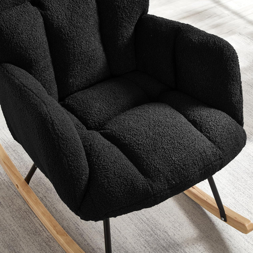 Glider Chair for Living Room, Teddy Upholstered Glider Rocker with High Backrest Armchair, Modern Rocking Accent Chairs Armchair Comfy Chair for Nursery Living Room Bedroom (Black)