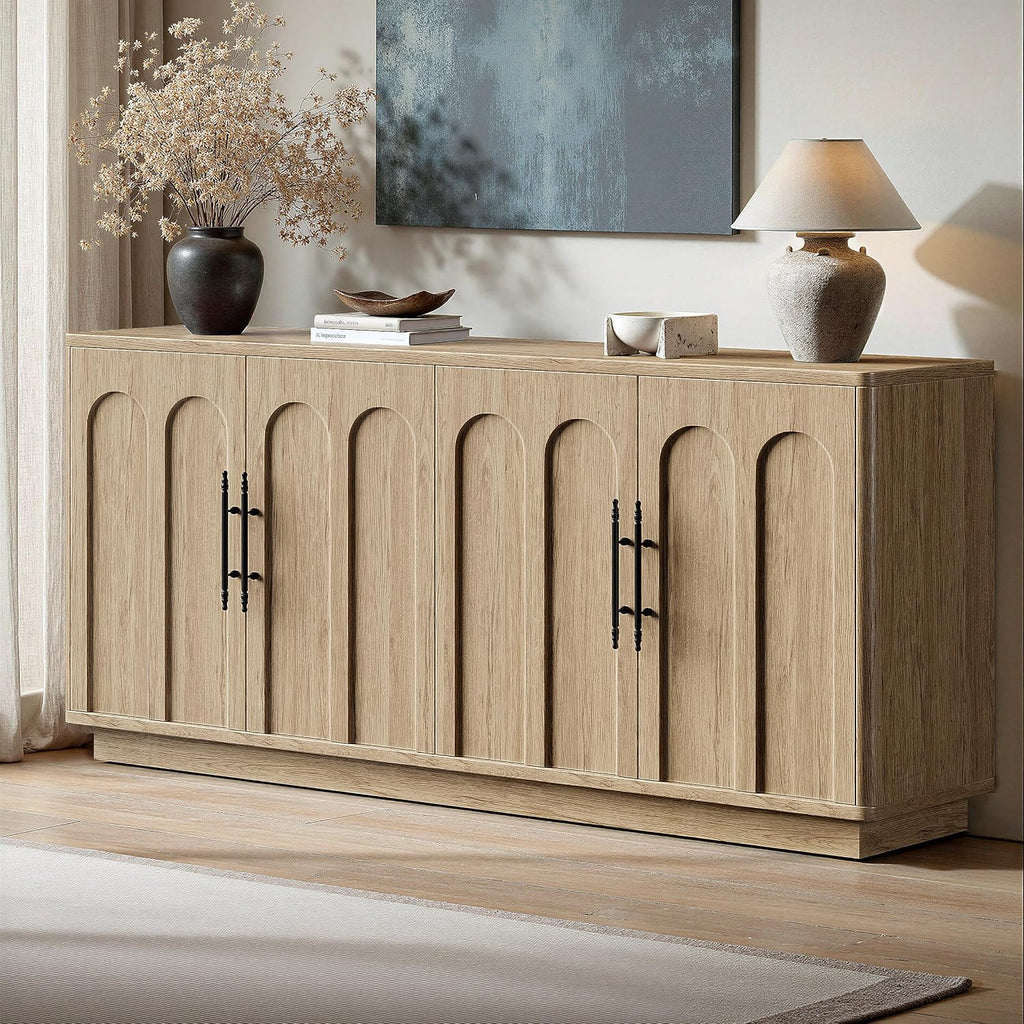 Evermagin 67" Arched Oak Sideboard Buffet Cabinet with Storage | Mid-century modern wood sideboard, large credenza with 4 doors for kitchen or living room, 67"W x 31.5"H x 15.7"D