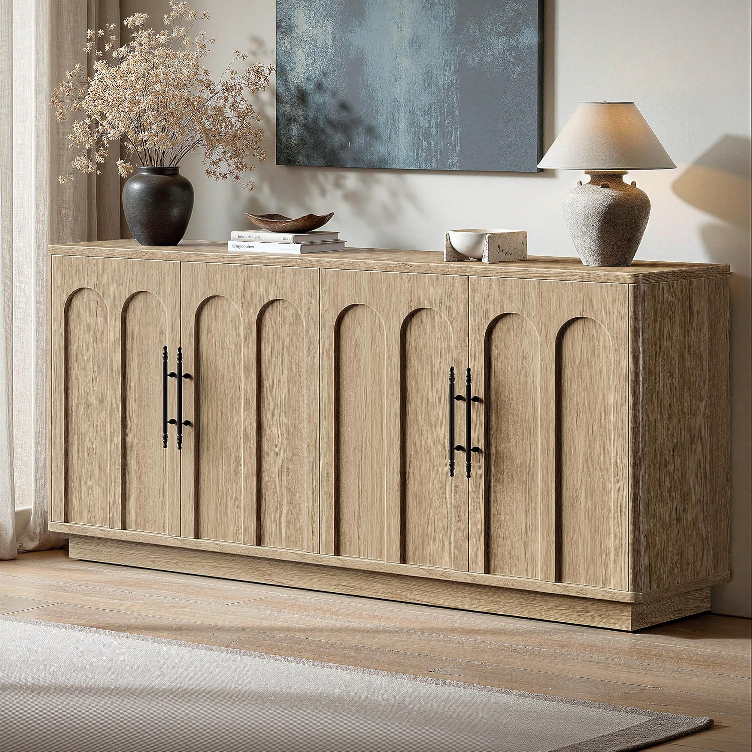 Evermagin 67" Arched Oak Sideboard Buffet Cabinet with Storage | Mid-century modern wood sideboard, large credenza with 4 doors for kitchen or living room, 67"W x 31.5"H x 15.7"D