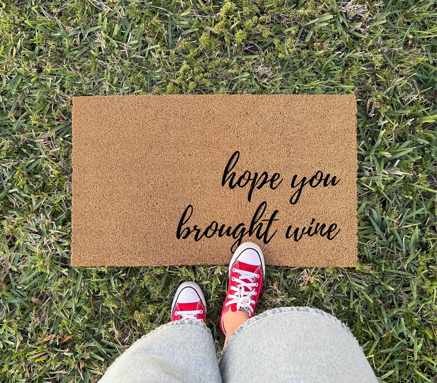 Hope You Brought Wine Door Mat 17x30 Inch - Entryway Doormat with Non-Slip Rubber Backing and Organic Coco Coir - Welcome Mat with Non-Slip Backing - Made in USA (Hope You Brought Wine)