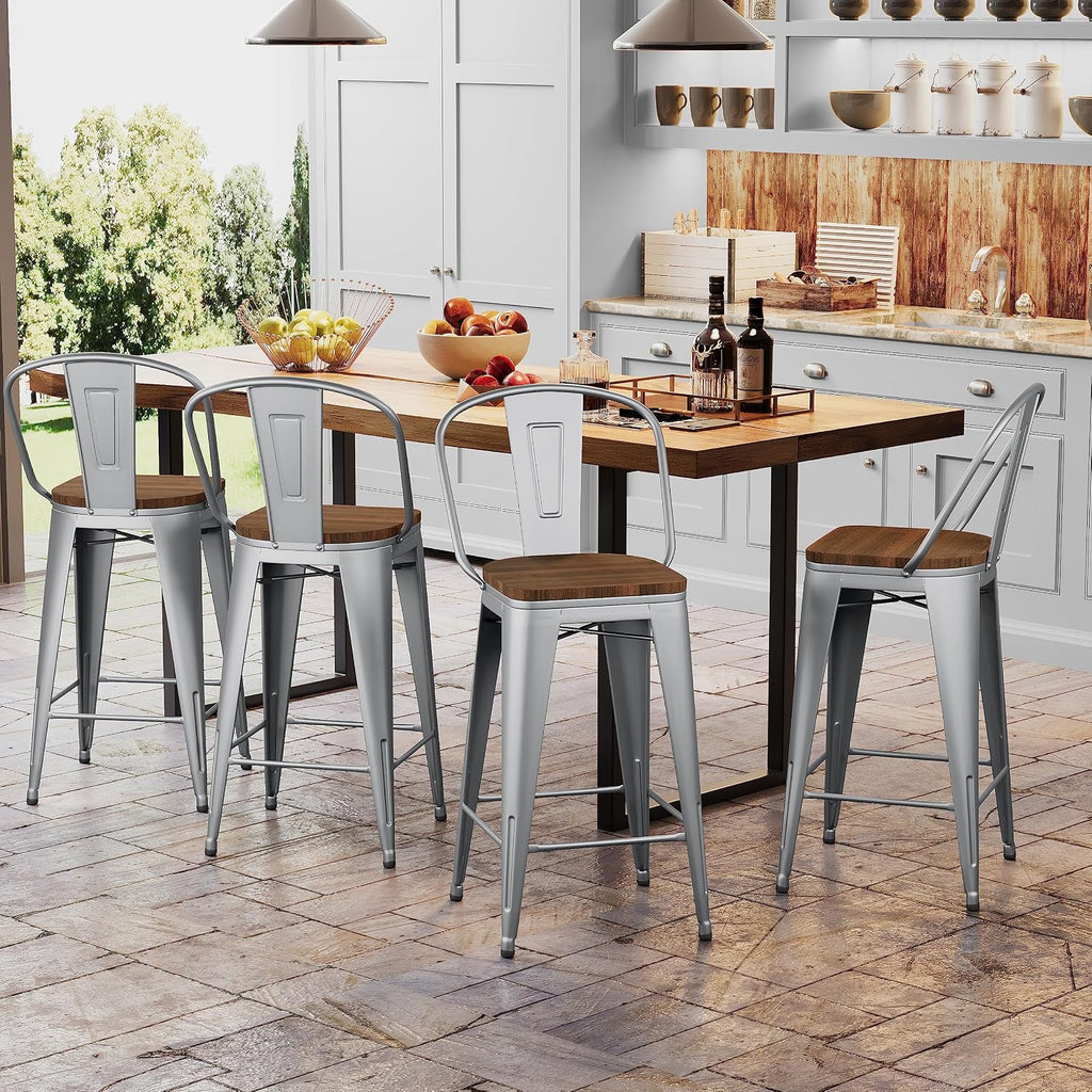 Andeworld Metal Bar Stools Counter Height Stools Dining Chairs High Back Industrial Barstools Set of 4 (30inch,Silver)