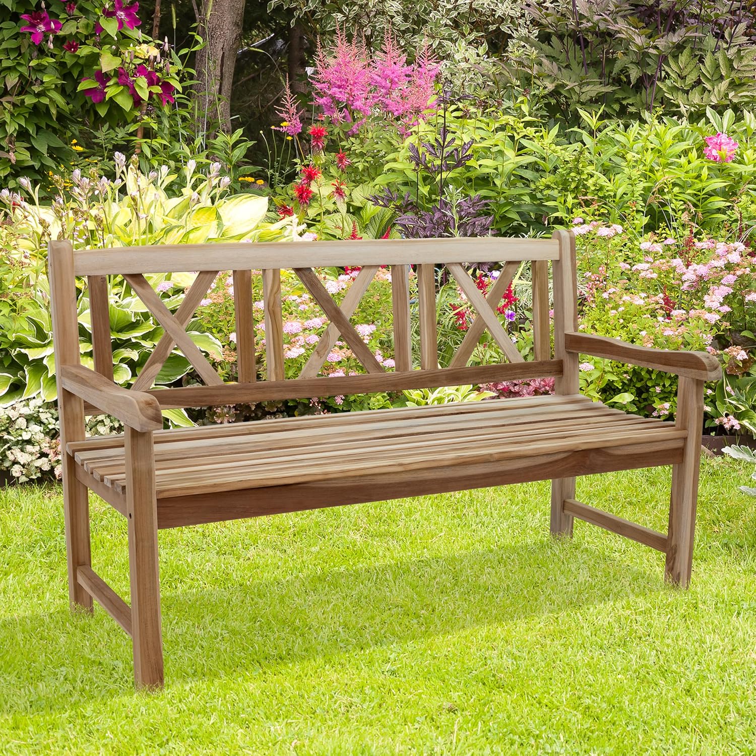 Sunnydaze 2-Person Outdoor Bench for Front Porch or Park - Wooden Teak Patio Garden Bench with Backrest - 675 lb Weight Capacity - Crossback