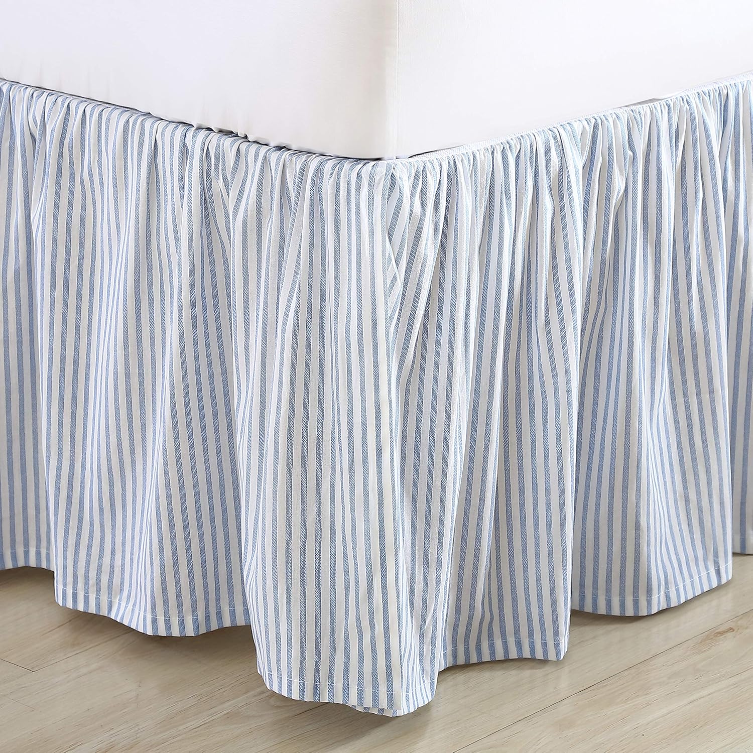 Laura Ashley - Queen Bedskirt, 100% Cotton Fabric with a Smooth and Lightweight Construction, 14.5" Drop Length, Stripe Bedding Design (Classic Ticking Blue)