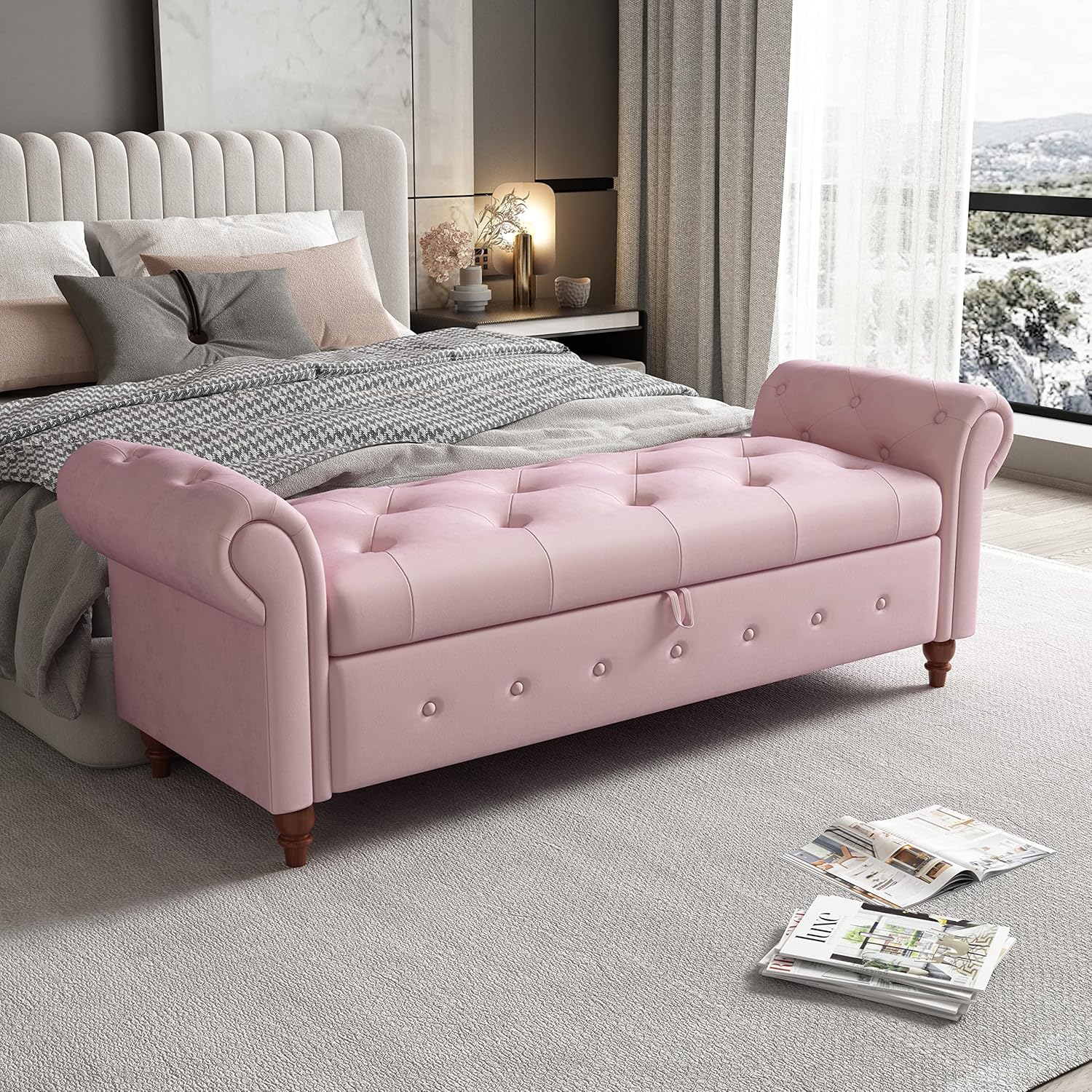 GNIXUU Ottoman with Storage Bench for Bedroom, 63" Velvet Upholstered End of Bed Storage Bench Seat, Rolled Arm Cushioned Ottoman with Wood Legs, Modern Window Chair for Living Room, Entryway, Pink