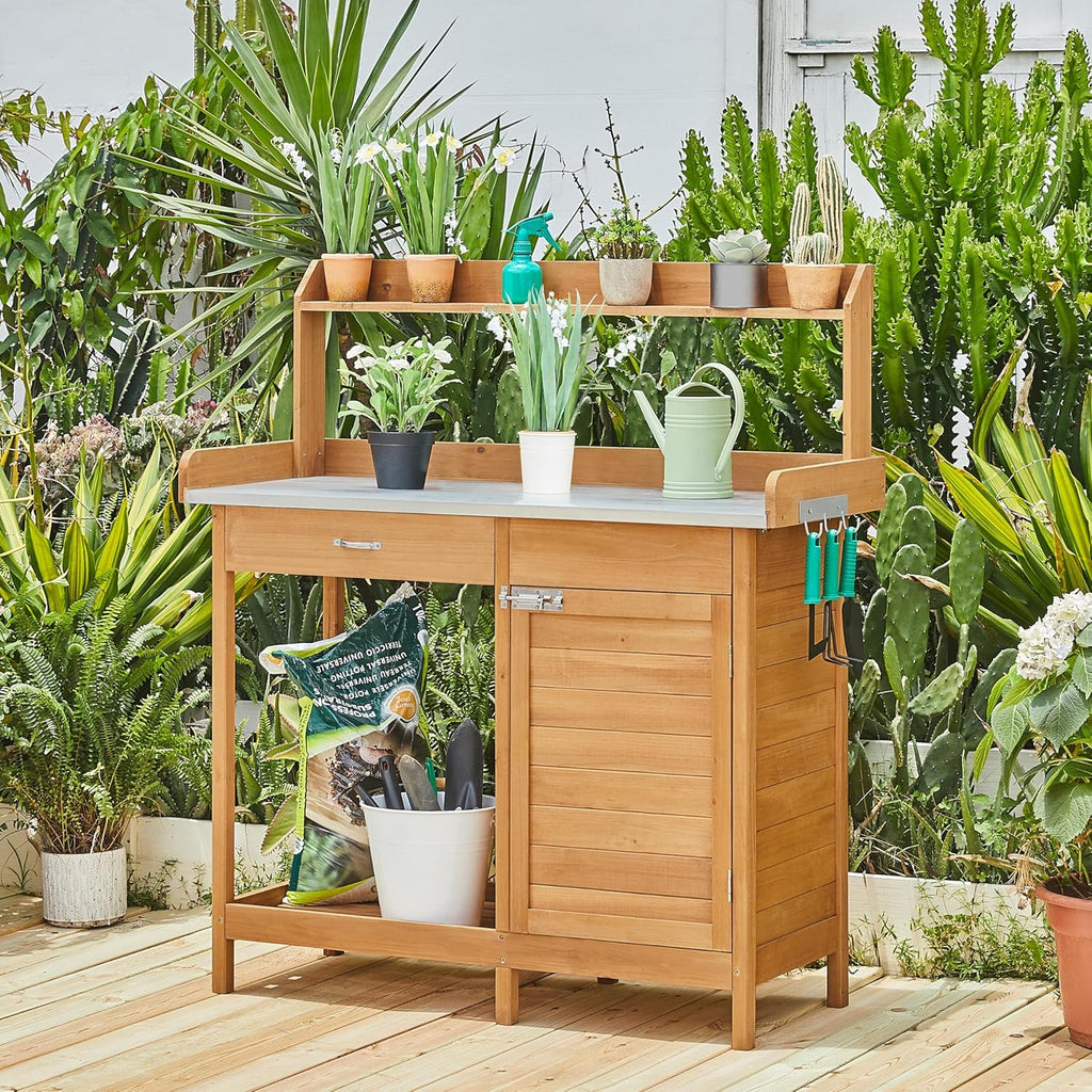 costoffs Potting Bench Wood Garden Potting Table with Cabinet and and Drawers Outdoor Metal Surface Work Bench for Greenhouse with Hooks and Shelf Wood