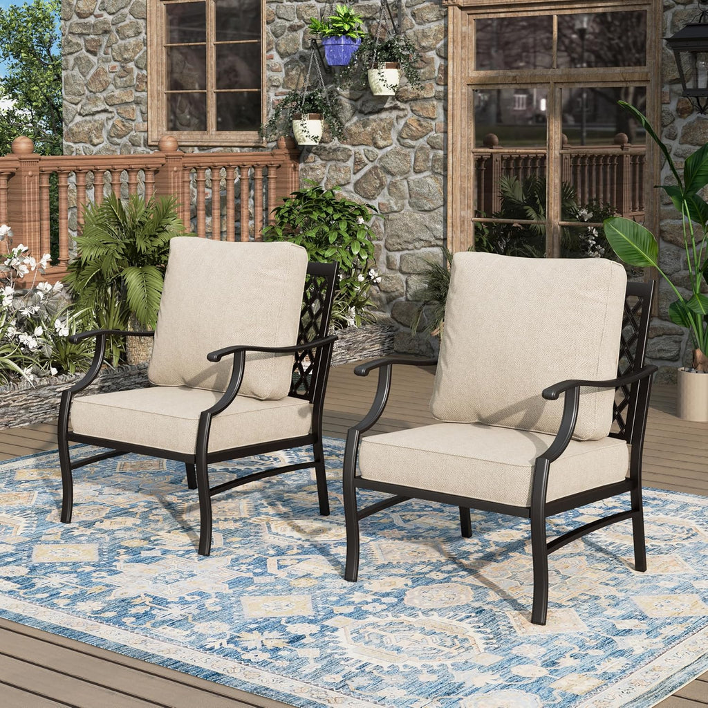 MIXPATIO Patio Chairs Set of 2, High Back Outdoor Patio Metal Leg Chairs with 5.75" Thick Cushions for Bistro Balcony Porch Deck and Yard, Beige