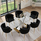 7 Pieces Modern Luxury Glass Dining Set, Large Minimalist Rectangle Dinner Set for 6, 63'' Clear Glass Top Kitchen Table Set with White & Gold Base, Black Dining Chairs, for Apartment