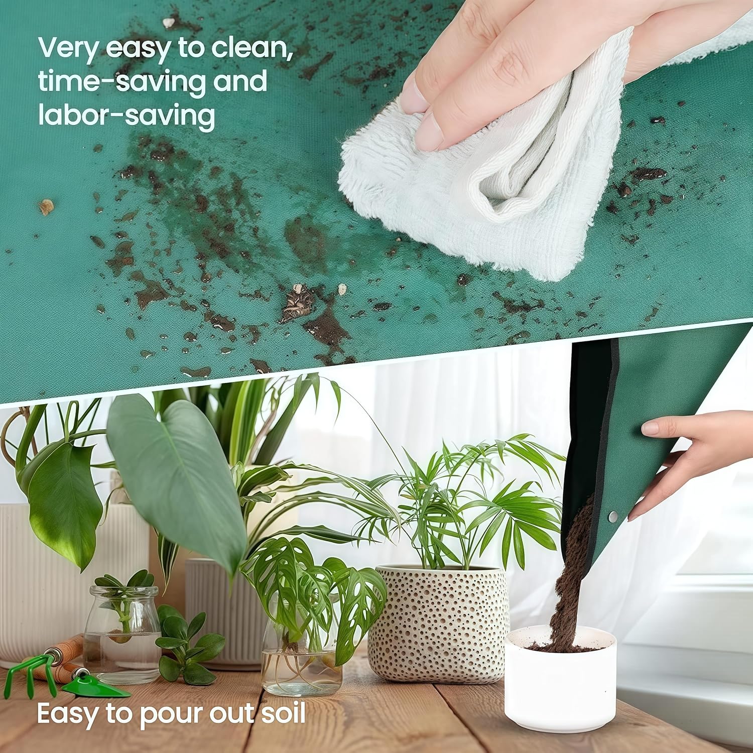 1SET 29" PE Plant Mat & 3PCS Iron Tool Set - Waterproof Repotting Kit for Succulent Gardening, Green