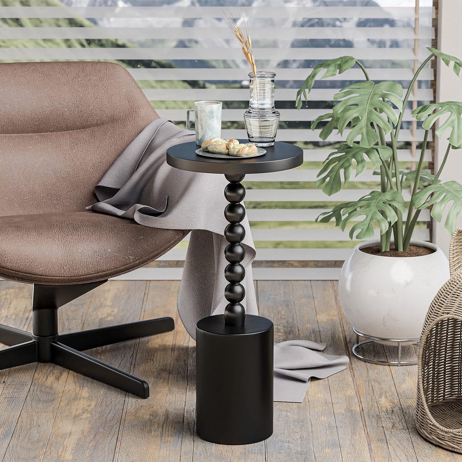COZAYH Black Wood End Table with Round Top and Decorative Beaded Pedestal, Modern Accent Side Table Drink Table for Living Room, Small Spaces
