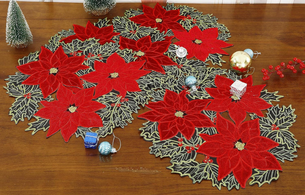 GRANDDECO Christmas Holiday Poinsettia Placemats Set of 4 for Farmhouse Parties Embroidered Christmas Flower Dresser Scarves Xmas Home Kitchen Dinner Table (14" Placemats Set of 4, Christmas Flower)