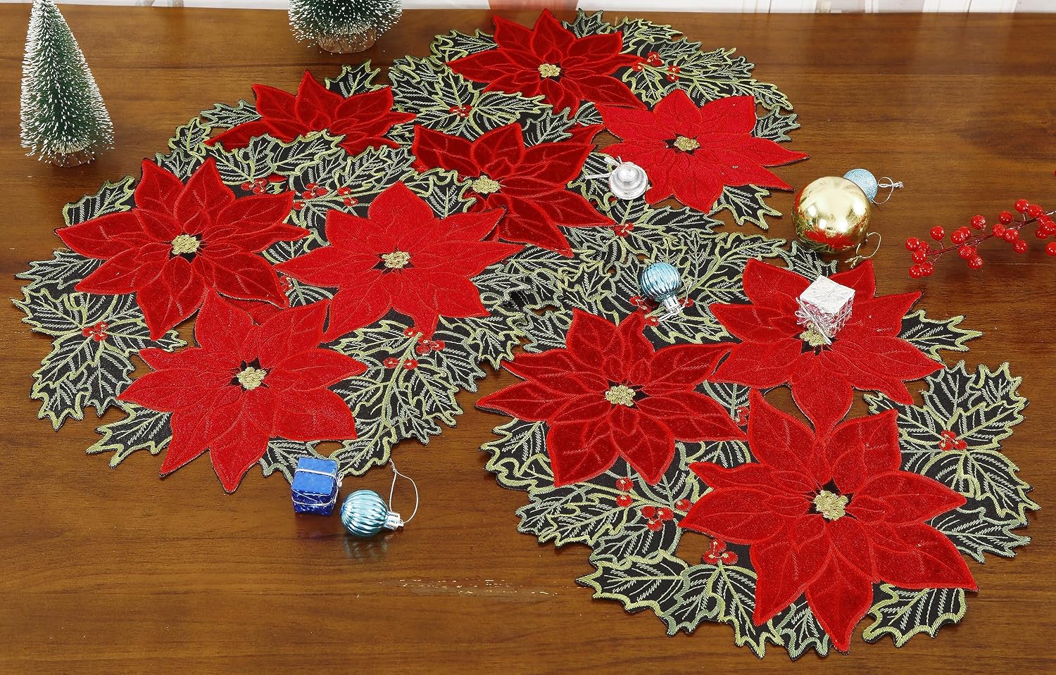 GRANDDECO Christmas Holiday Poinsettia Placemats Set of 4 for Farmhouse Parties Embroidered Christmas Flower Dresser Scarves Xmas Home Kitchen Dinner Table (14" Placemats Set of 4, Christmas Flower)