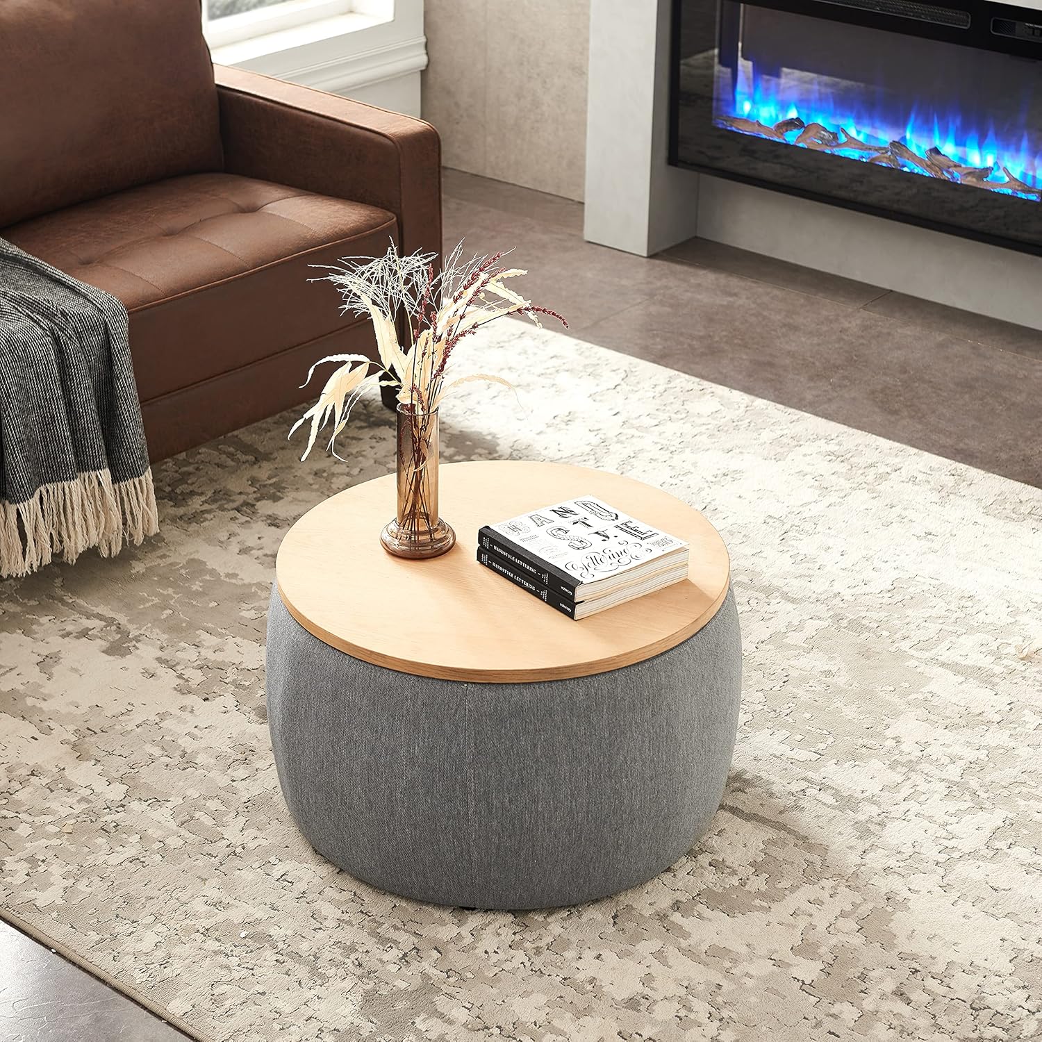 Round Ottoman, Ottoman with Storage, Coffee Table 2 in 1 Function, End Table for Living Room, Hallway, Bedroom (Dark Grey)