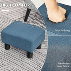 Small Trendy Comfortable Linen Fabric Cube Ottoman Footrest with Premium Construction, Sleek Blue Design, and Versatile Appeal