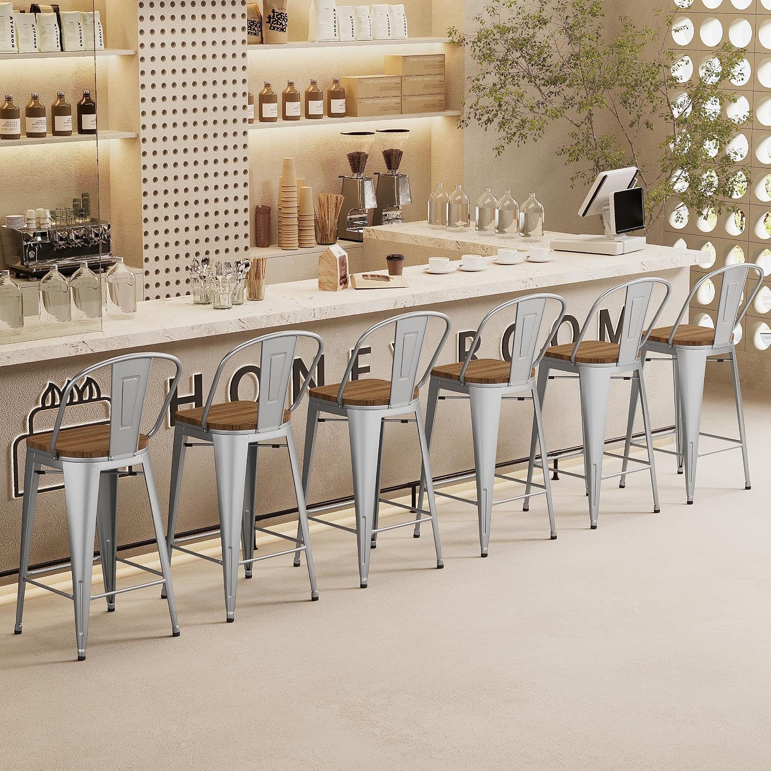 Andeworld Metal Bar Stools Counter Height Stools Dining Chairs High Back Industrial Barstools Set of 4 (30inch,Silver)