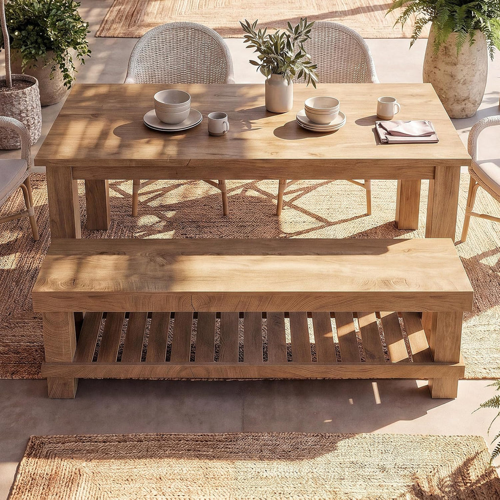 Tribesigns 63" Long Entryway Dining Bench with Slatted Shelf, Farmhouse Wooden Indoor Bench Seat with Storage for Dining Table, Hallway, Mudroom, Bedroom, Living Room