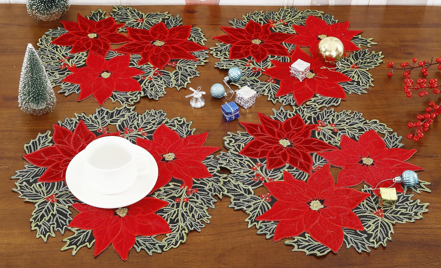 GRANDDECO Christmas Holiday Poinsettia Placemats Set of 4 for Farmhouse Parties Embroidered Christmas Flower Dresser Scarves Xmas Home Kitchen Dinner Table (14" Placemats Set of 4, Christmas Flower)