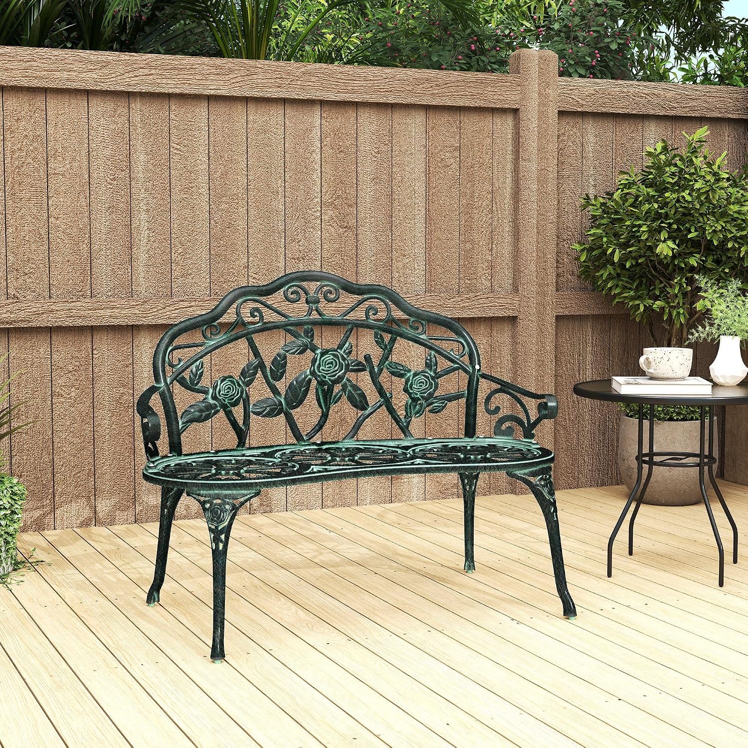 Floral Rose Design Antique Green Cast Aluminum FFor rame Weatherproof Premium Heavy Duty Durable Outdoor Loveseat