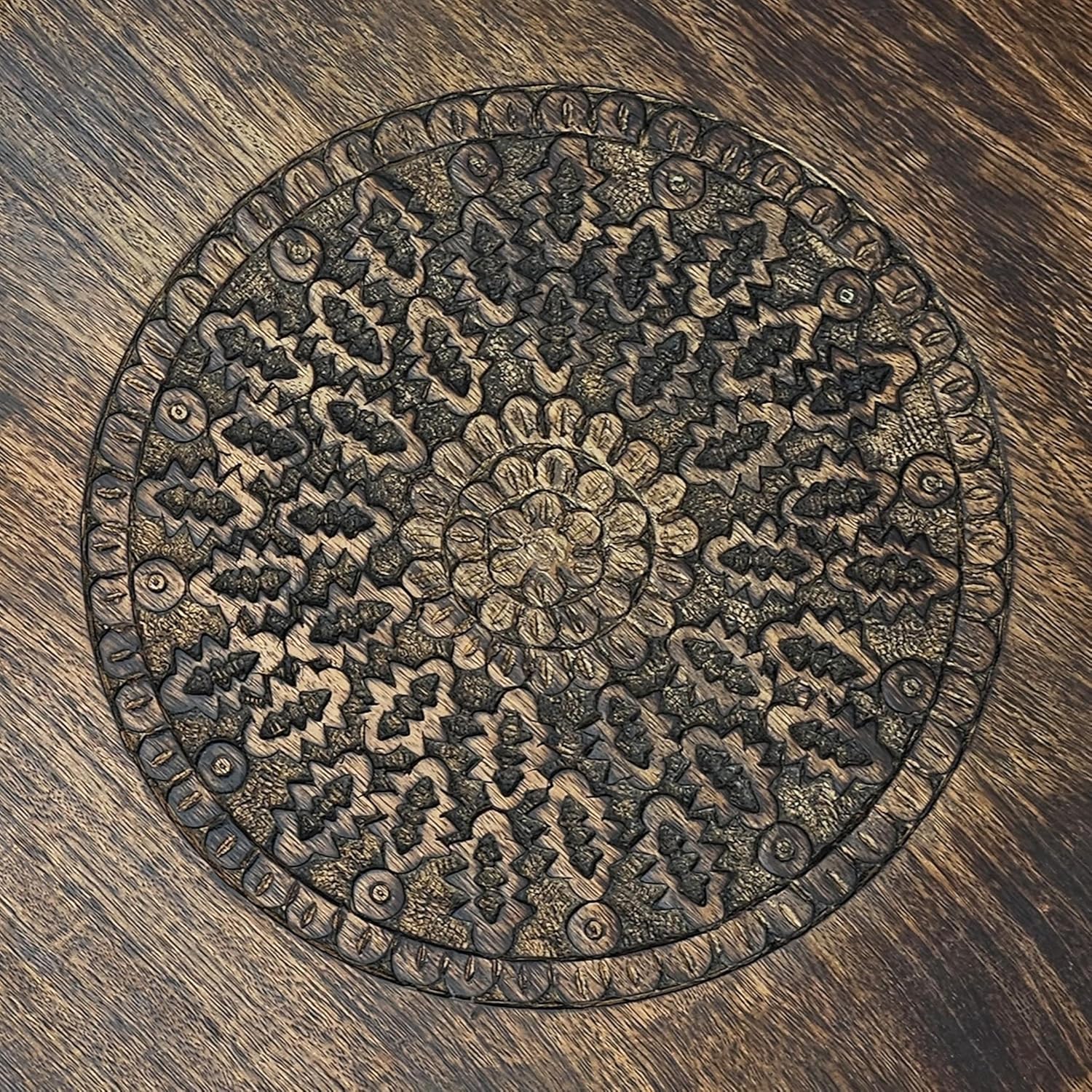 TUP THE URBAN PORT AMA 22 Inch Side End Table, Round Top, Indian Mandala Floral Carving, 3 Legs, Brown Mango Wood