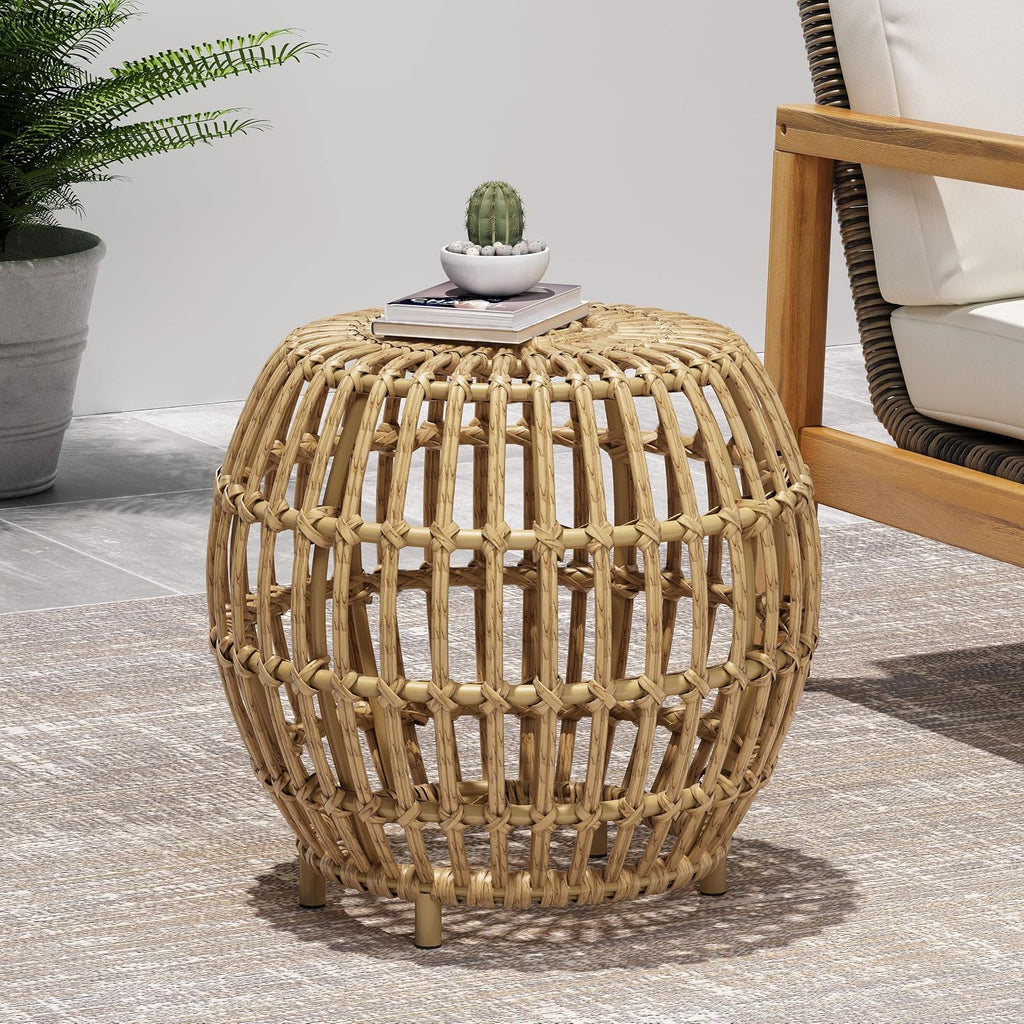 IRONORA Natural Rattan Round Side Table, Hand Woven Hollow Drum End Table, Boho Wicker Accent Table Stool for Patio Porch Living Room Bedroom