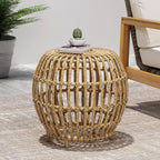 IRONORA Natural Rattan Round Side Table, Hand Woven Hollow Drum End Table, Boho Wicker Accent Table Stool for Patio Porch Living Room Bedroom