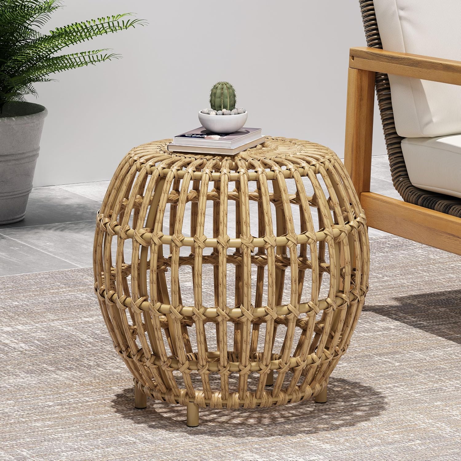 IRONORA Natural Rattan Round Side Table, Hand Woven Hollow Drum End Table, Boho Wicker Accent Table Stool for Patio Porch Living Room Bedroom