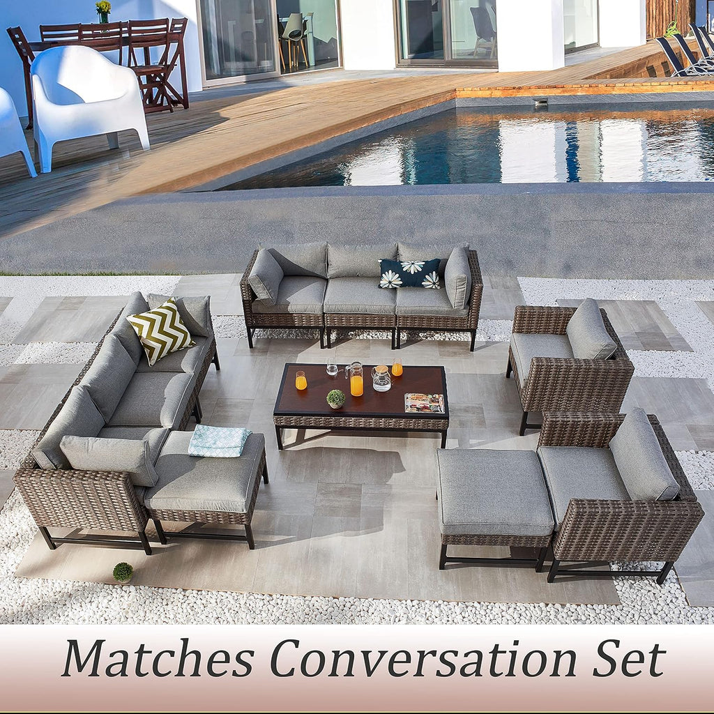 Outdoor Patio Ottoman with Cushion All Weather Wicker Footrest Rattan Furniture Square Footstool Seat with Metal Frame for Deck Yard Lawn