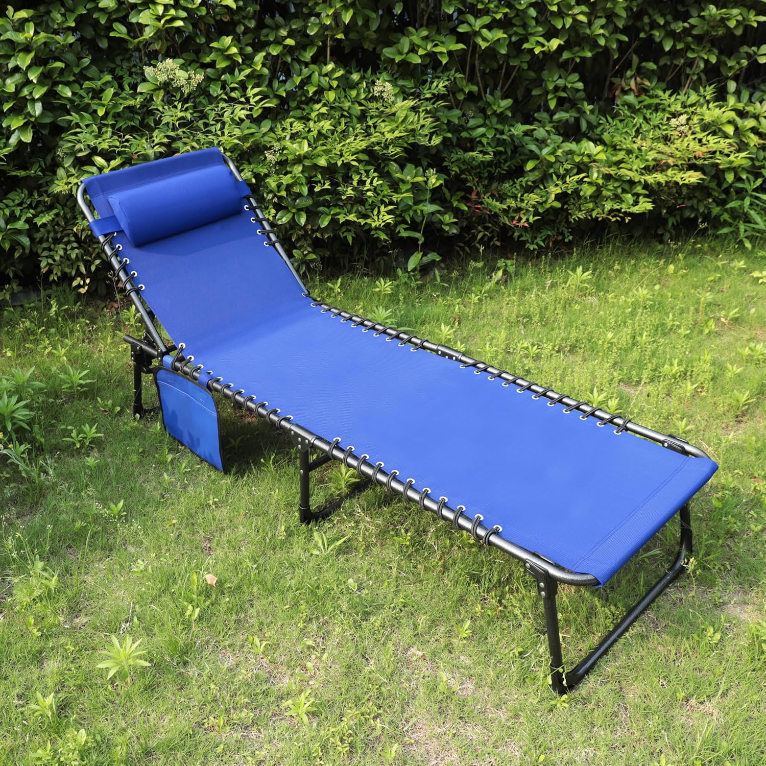 BlueWish Patio Chaise Lounge Chair, Outdoor Lounge Chairs with 5 Position Adjustable Backrest, Removable Pillow, Textilene Waterproof, Folding Lounge Chair for Beach, Patio, Poolside