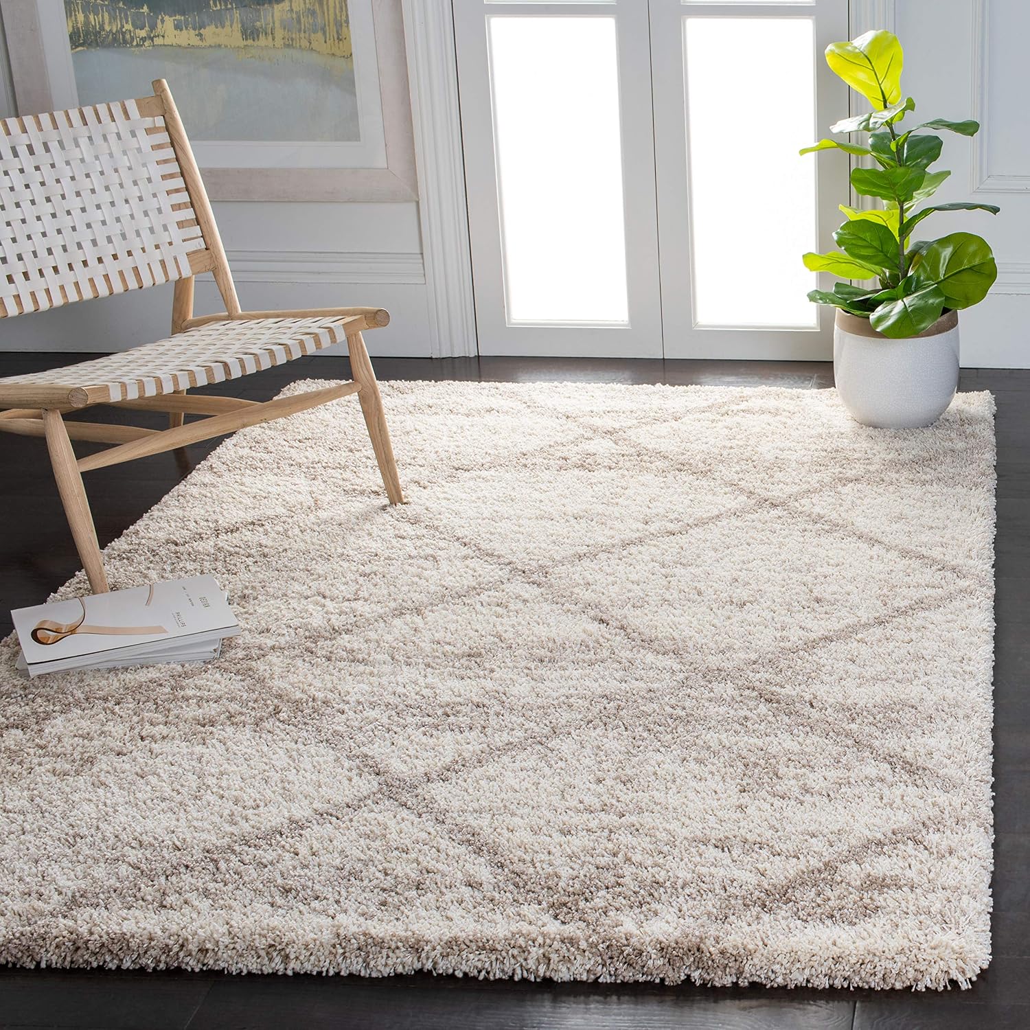 SAFAVIEH Hudson Shag Collection Area Rug - 6' x 9', Multi Ivory & Beige, Modern Trellis Design, Non-Shedding & Easy Care, 2-inch Thick Ideal for High Traffic Areas in Living Room, Bedroom (SGH281H)