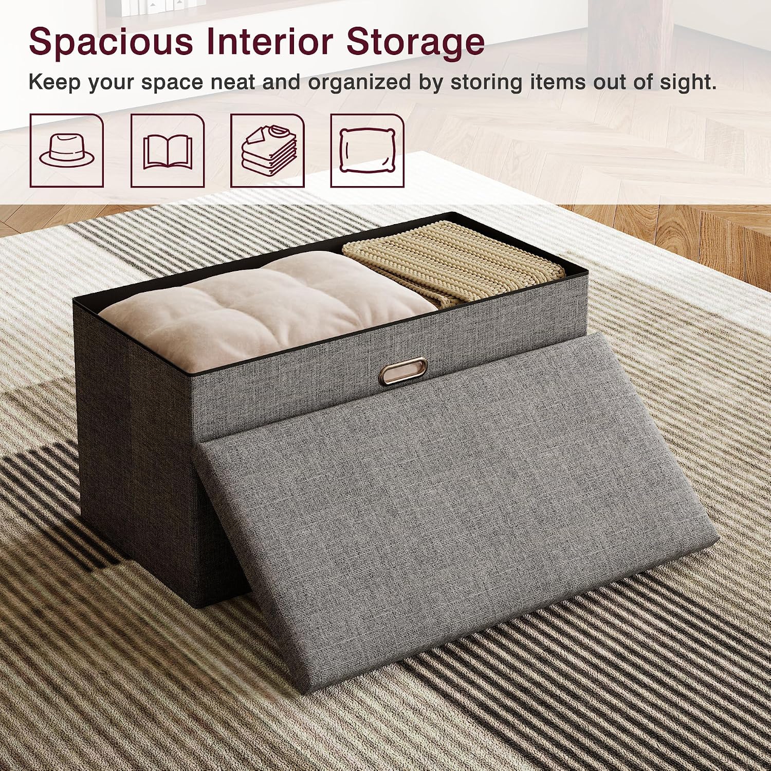 VECELO 30'' Folding Storage Ottoman Bench, End of Bed Linen Fabric Foot Rest Stool with Padded Seat, Large Footstools for Bedroom, Living Room, Load 500 lb, Grey