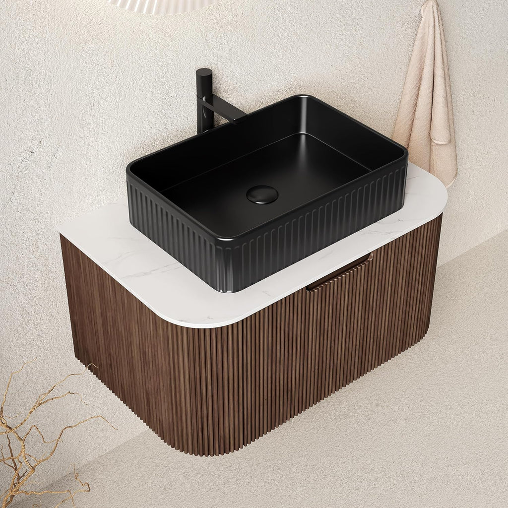30'' Bathroom Vanities Cabinet with Sink, Wall Mounted Floating Cabinet W/Curved Edges Stripes, Oak Plywood, Soft-Close System with a Drawer, Black Rectangular Ceramic Basin - Kiel, Dark Walnut/B