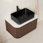 30'' Bathroom Vanities Cabinet with Sink, Wall Mounted Floating Cabinet W/Curved Edges Stripes, Oak Plywood, Soft-Close System with a Drawer, Black Rectangular Ceramic Basin - Kiel, Dark Walnut/B