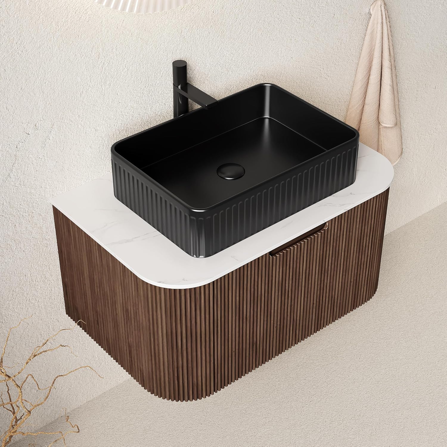 30'' Bathroom Vanities Cabinet with Sink, Wall Mounted Floating Cabinet W/Curved Edges Stripes, Oak Plywood, Soft-Close System with a Drawer, Black Rectangular Ceramic Basin - Kiel, Dark Walnut/B