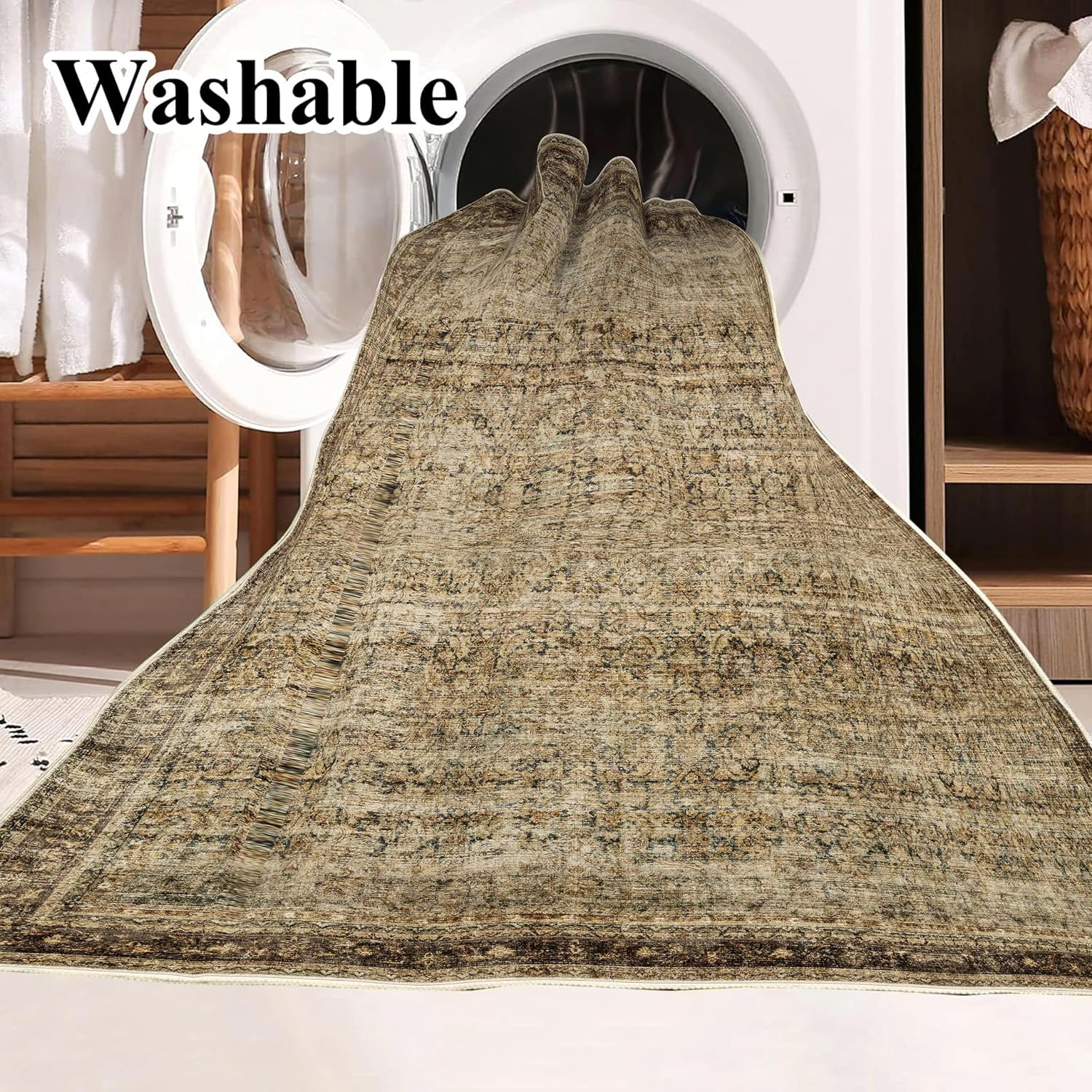 CHAMPLANT Area Rug 8x10 Washable Rug Brown Vintage Traditional Mat Distressed Indoor Foldable Thin Retro Accent Floral Non Slip Carpet Living Room Dining Room Office