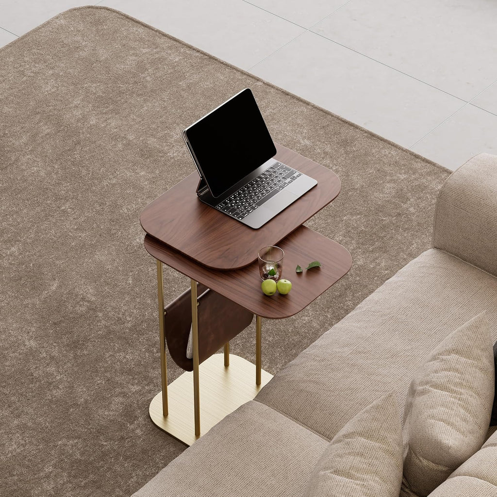 homary C-Shaped Side Table, 360° Rotating End Table with Storage, Walnut & Gold Sofa Table with Magazine Rack, Space-Saving Table for Living Room & Bedroom (Walnut)