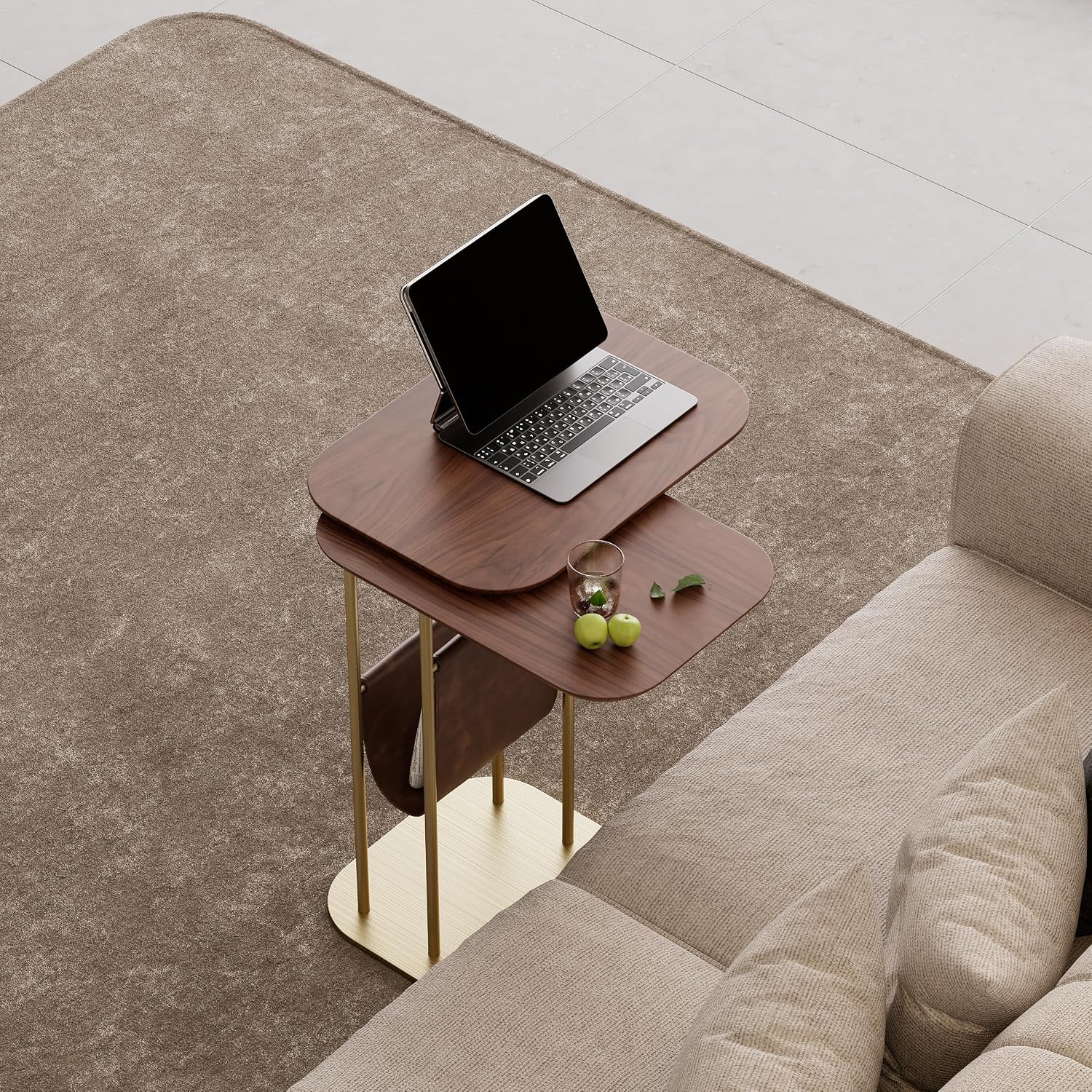 homary C-Shaped Side Table, 360° Rotating End Table with Storage, Walnut & Gold Sofa Table with Magazine Rack, Space-Saving Table for Living Room & Bedroom (Walnut)
