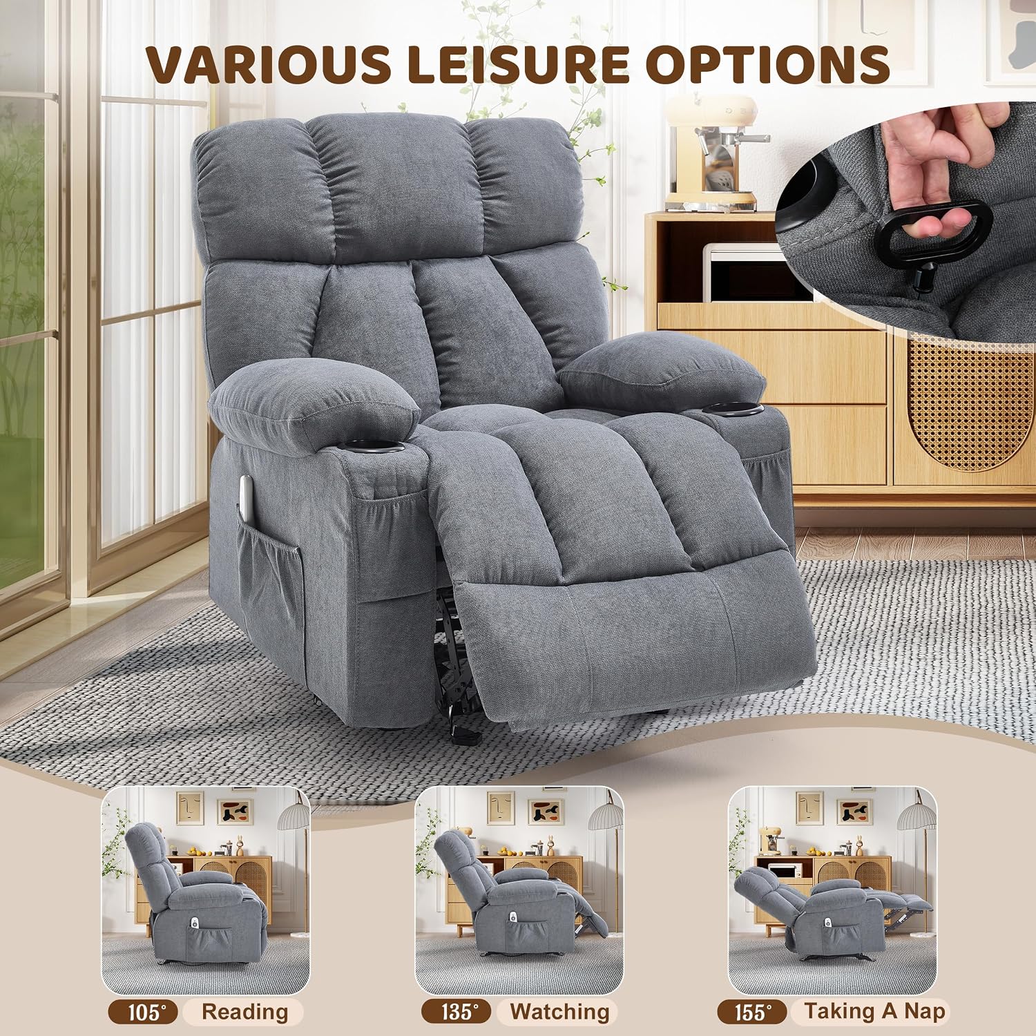Massage Rocking Recliner Chair, Ergonomic Recliners Sofa with Vibration Massage & Heat, Rocking Chair Nursery Chair for Living Room Lounge with 4 Pockets, 2 Cup Holders, USB Charge Port, Grey