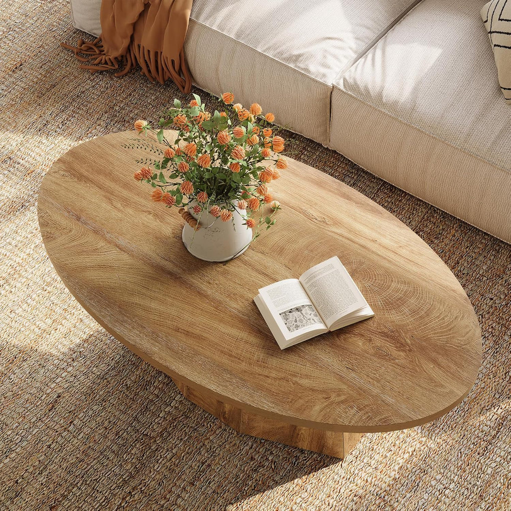 Oval Coffee Table, 47-Inch Living Room Table with Polygonal Pedestal, Modern Center Accent Furniture, Child-Friendly, Easy Assembly, Yellowish Brown