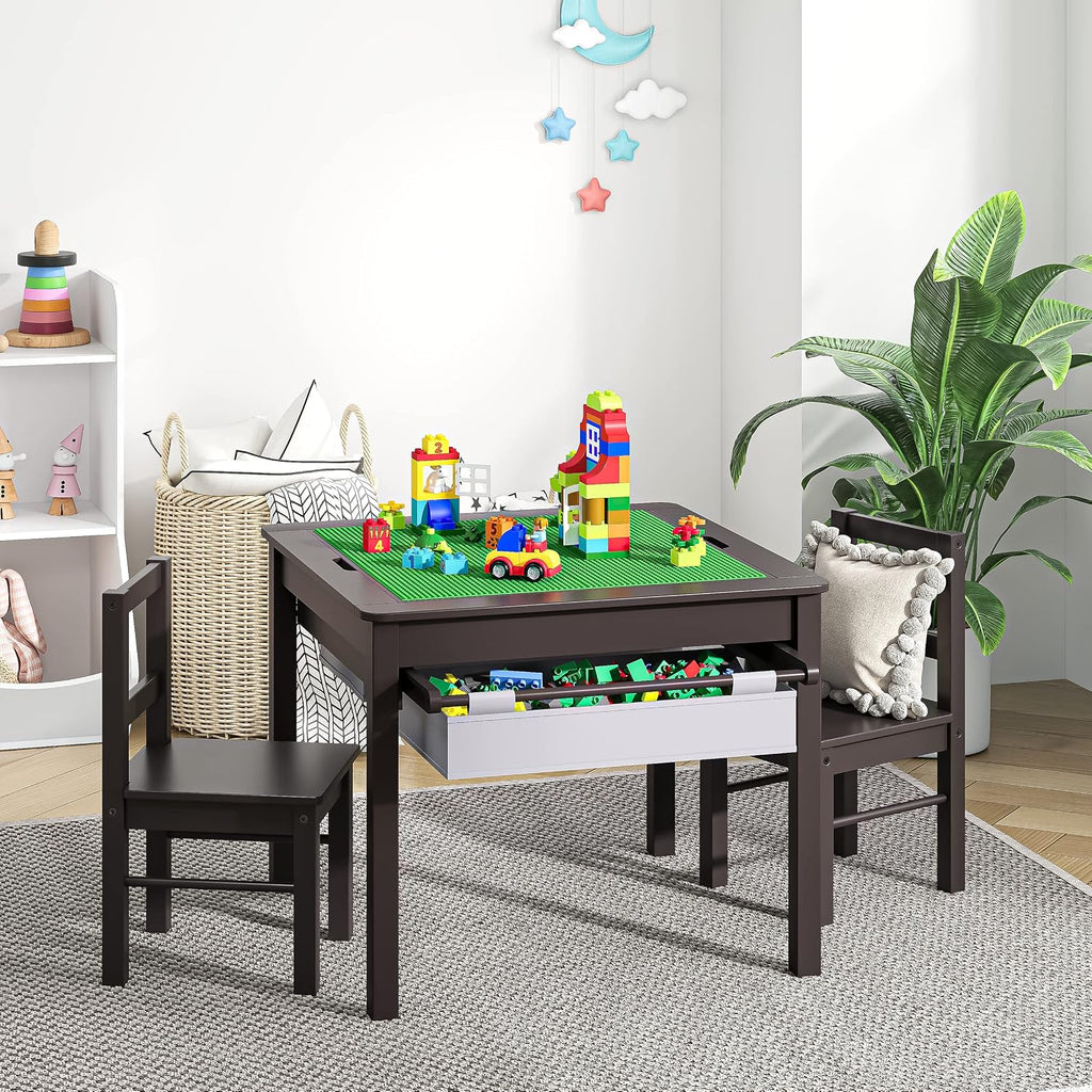 UTEX 2 in 1 Kids Construction Play Table and Chair Set with Storage Drawers | Wooden Kids Building & Activity Table with Storage, Water-based Paint Finish, Built in Plate Compatible with Lego and Duplo B