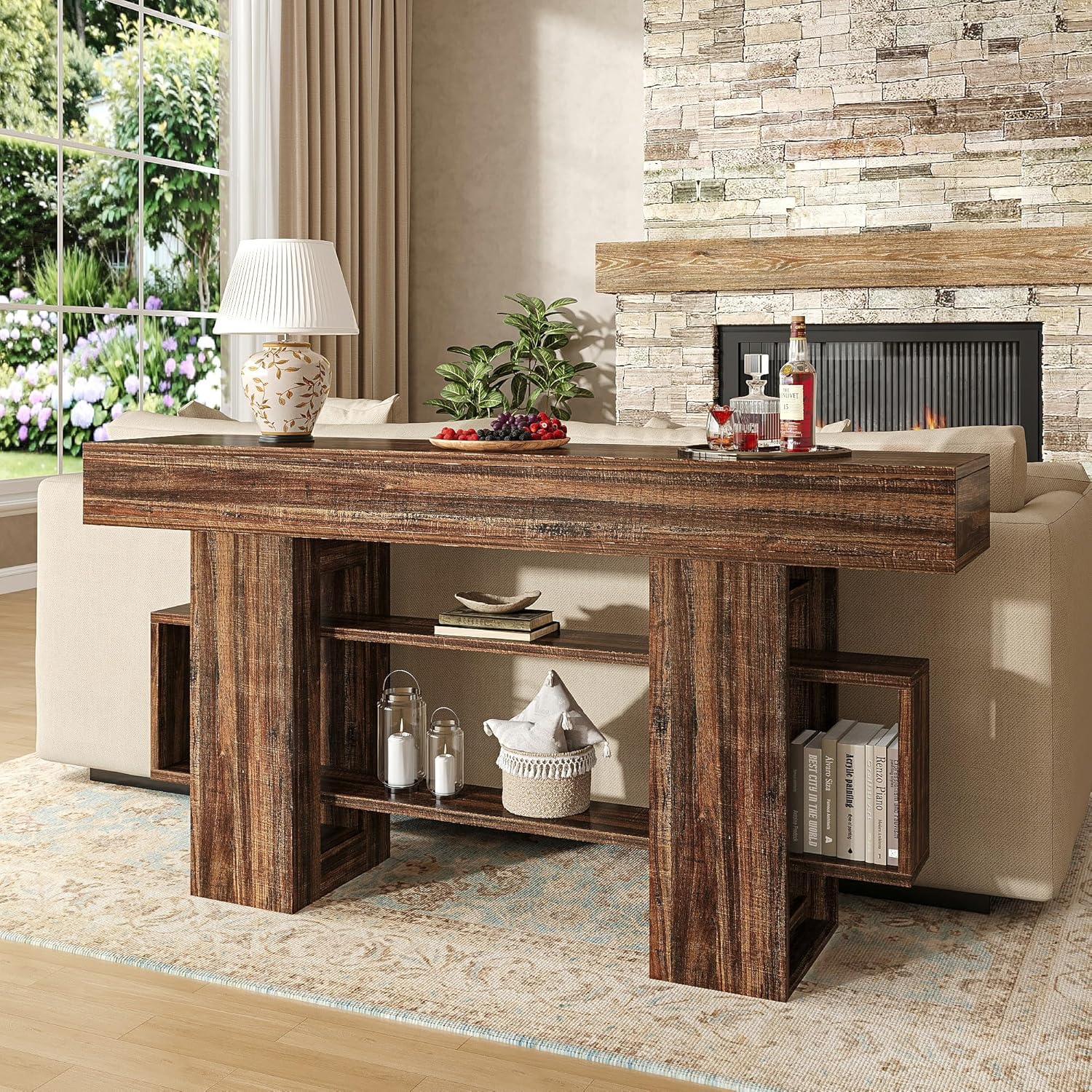 Feonase 63 Inches Long Console Table for Entryway, Wood Sofa Table Behind Couch with 3-Tier Storage, Narrow Entry Hallway Table for Living Room Entrance Foyer, Rustic Brown