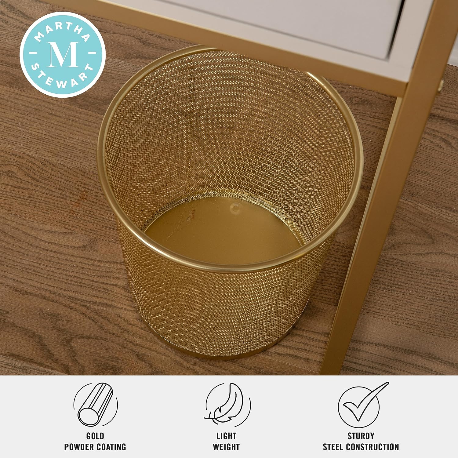 Martha Stewart Ryder Set of 2 Gold Mesh Metal Trash Cans, 4.5 Gallon Wastebaskets for Office