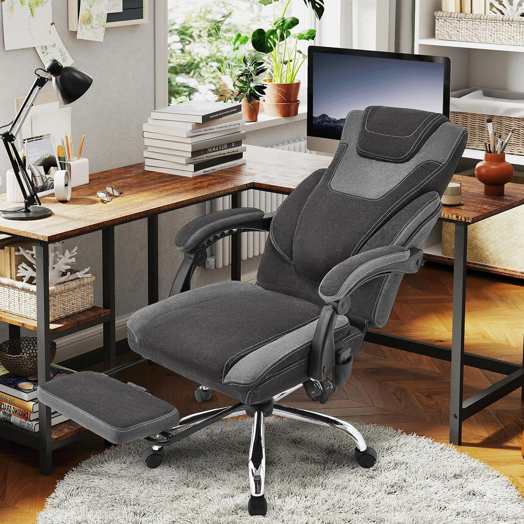 Office Chair with Footrest,6-Point Vibration Massage & Heat Executive Office Chairs,Big and Tall Fabric Office Chair 500LBS,Ergonomic Desk Chair for Heavy People,Recliner with Padded Armrest,Blackgrey