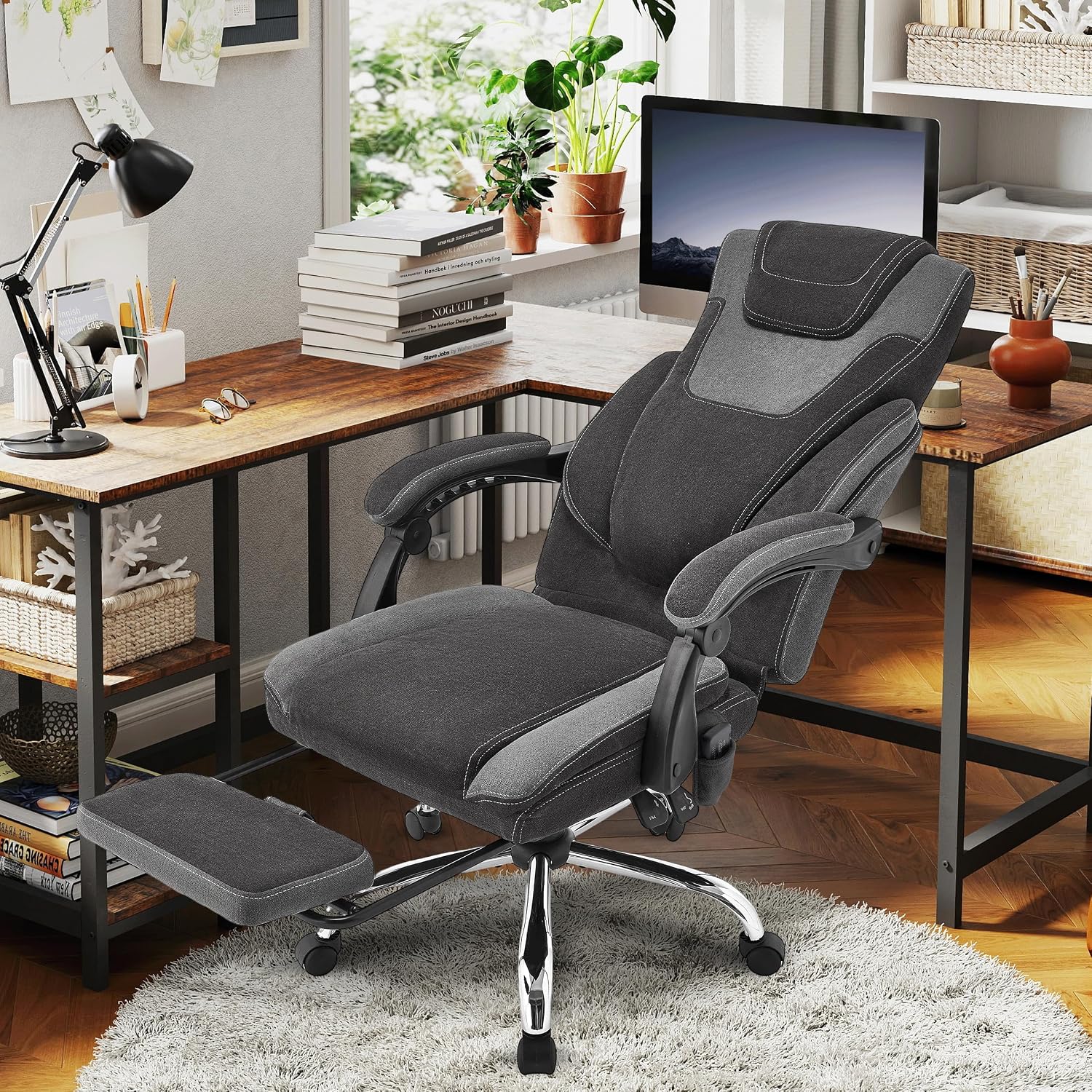 Office Chair with Footrest,6-Point Vibration Massage & Heat Executive Office Chairs,Big and Tall Fabric Office Chair 500LBS,Ergonomic Desk Chair for Heavy People,Recliner with Padded Armrest,Blackgrey