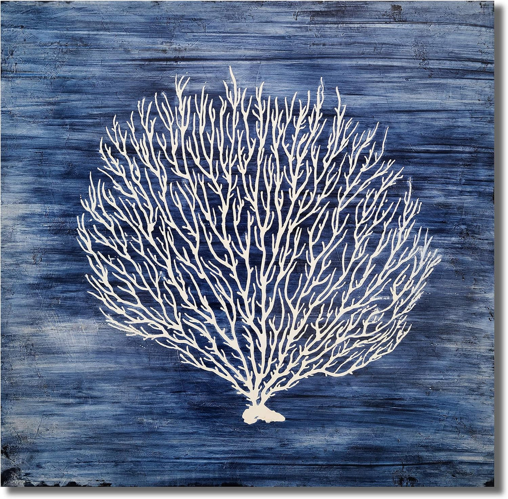 Yihui Arts Navy Blue Canvas Wall Art Hand Painted White Coral Painting Modern Abstract Tree Pictures Coastal Artwork for Bedroom Living Room Bathroom Decor