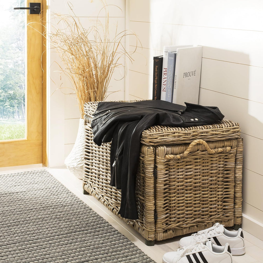 happimess Jacob 30.7" Collapsible Wicker Storage Trunk, Natural | Hand-Woven Rattan, Removable Lid and Liner, Coastal Style, Folds Flat, Entryway Toy Chest, Mango Wood, Iron Frame
