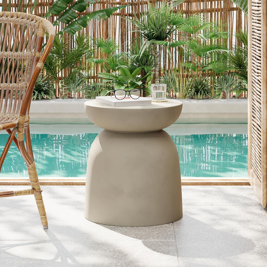 JOSHEN 16" Lightweight-Concrete Corner End Table, Retro End Table with Stable Load-Bearing Design, Decorative Accent Table with Round-Top for Indoor Outdoor, Light Grey