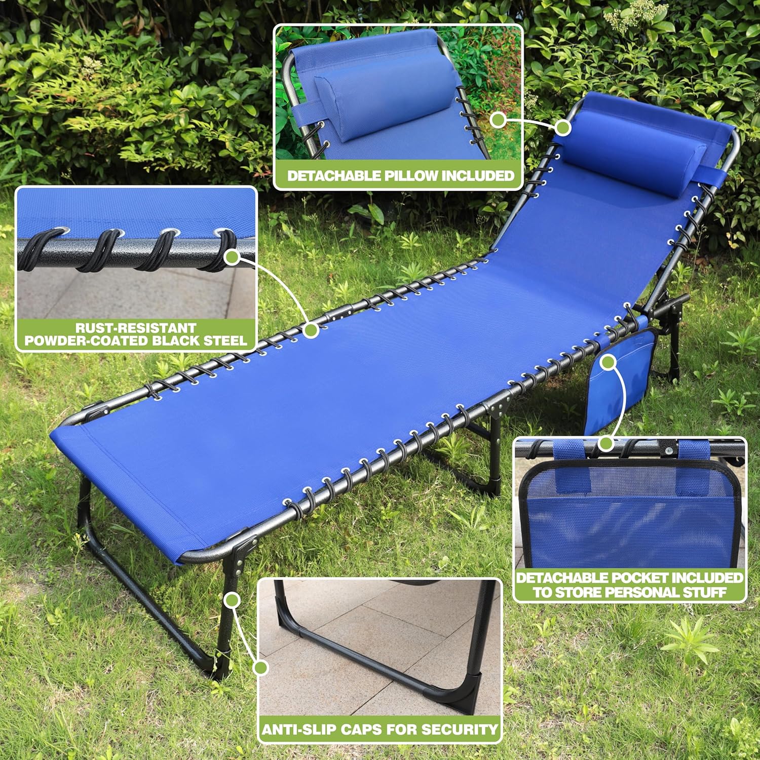 BlueWish Patio Chaise Lounge Chair, Outdoor Lounge Chairs with 5 Position Adjustable Backrest, Removable Pillow, Textilene Waterproof, Folding Lounge Chair for Beach, Patio, Poolside