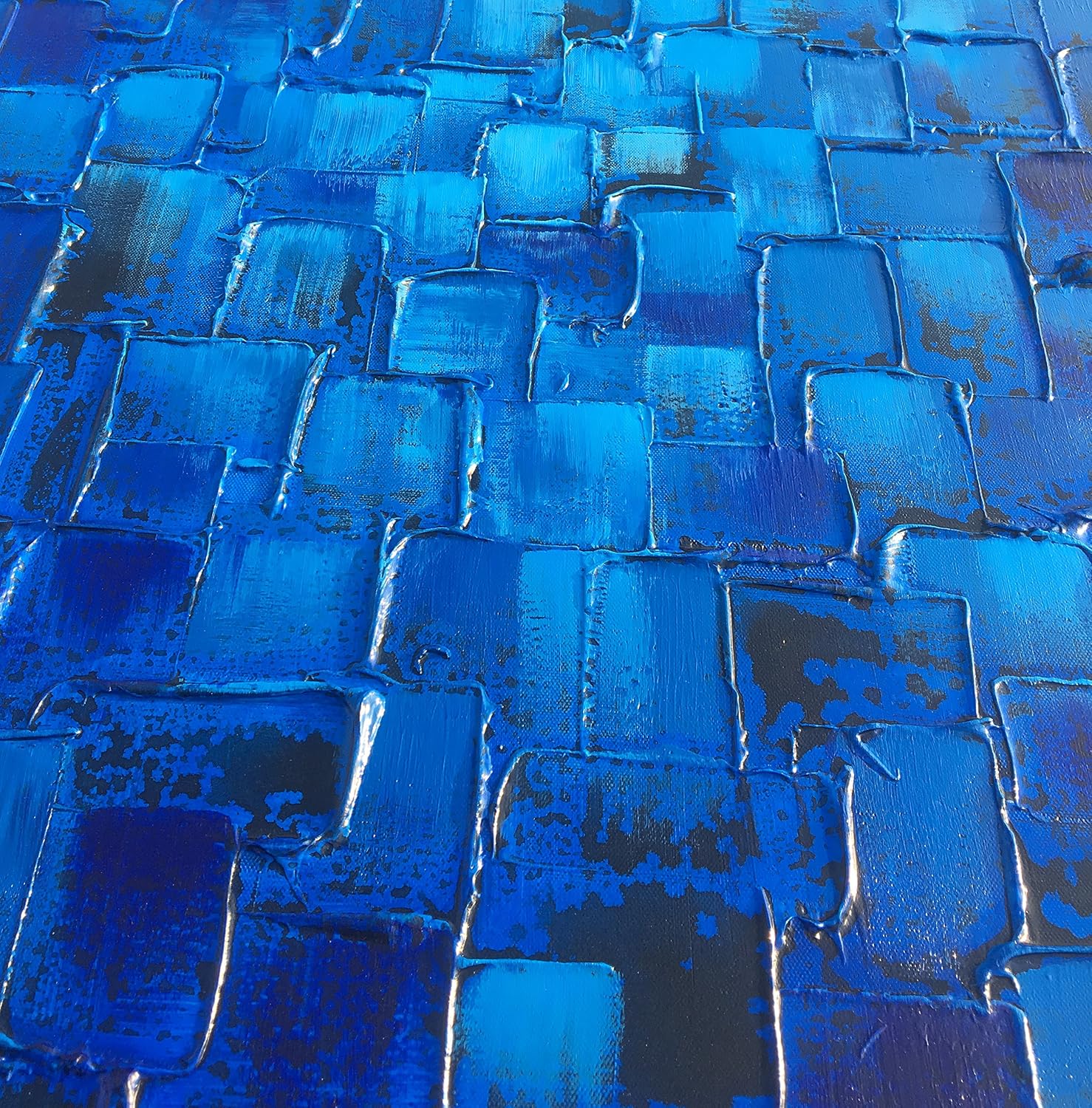 MyArton Textured Abstract Squares Canvas Wall Art Hand Painted Modern Dark Blue Oil Painting Picture for Home Decoration Ready to Hang 40x20inch