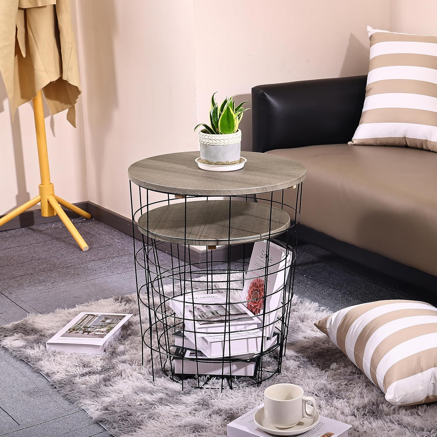 Elevon Nesting Table End Table Wire Basket Base with Wood Tops Side Table Set of 2, Gray