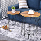 Elevon Wire Basket Base with Wood Tops Side Table Set of 2, Brown